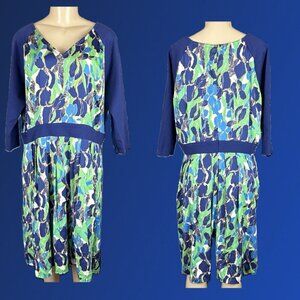 Joe Zee XL Blue-Green Abstract Floral V-Neck 3/4 Raglan Sleeve Below Knee Dress